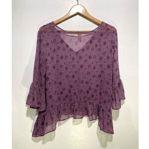 Bongo Y2K blouse sheer flare ruffle hem purple romantic boho lagenlook women XL